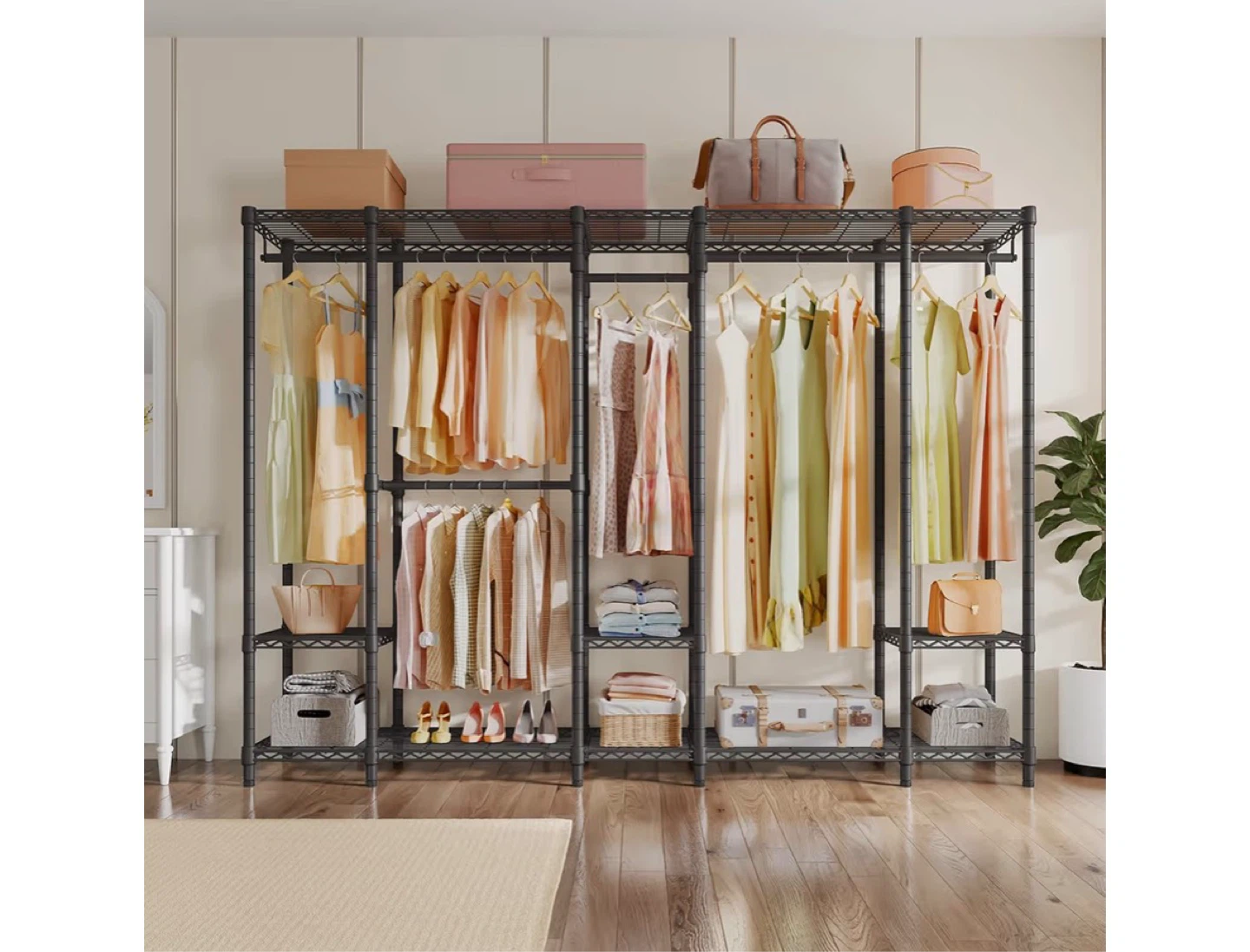 Black Metal Closet Organizer with Shelves and Hanging Rods