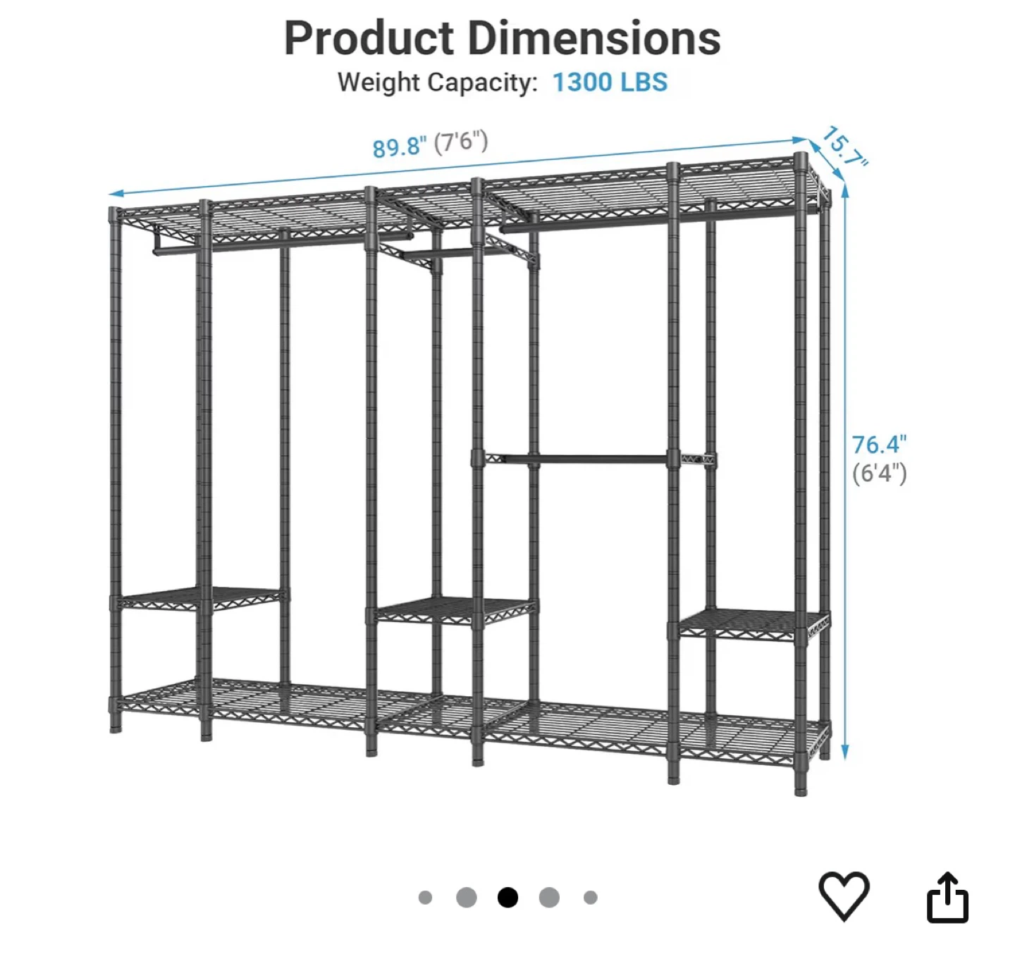Black Metal Closet Organizer with Shelves and Hanging Rods - photo 3