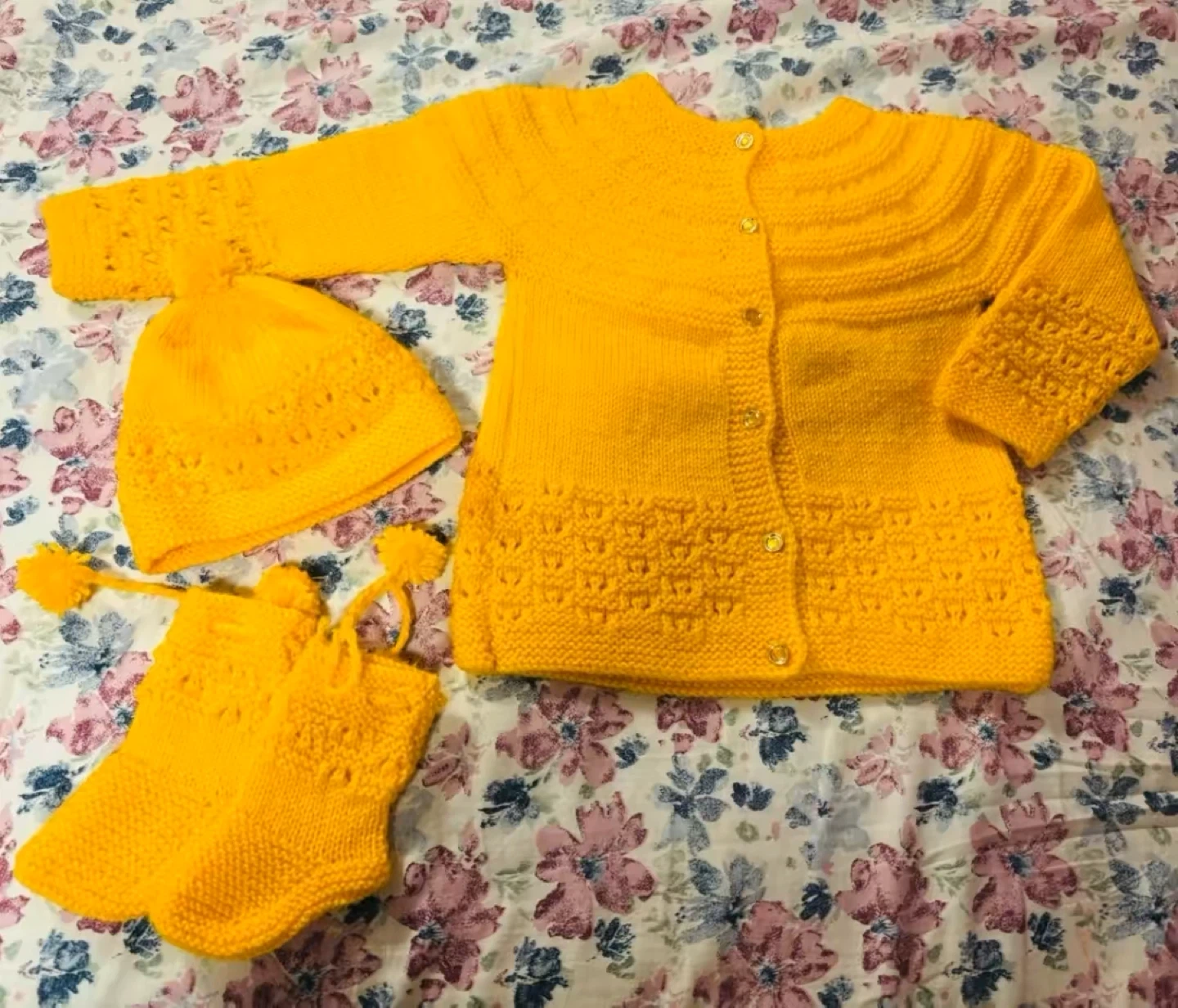 Hand-Knitted Yellow Baby Sweater Set with Hat and Booties