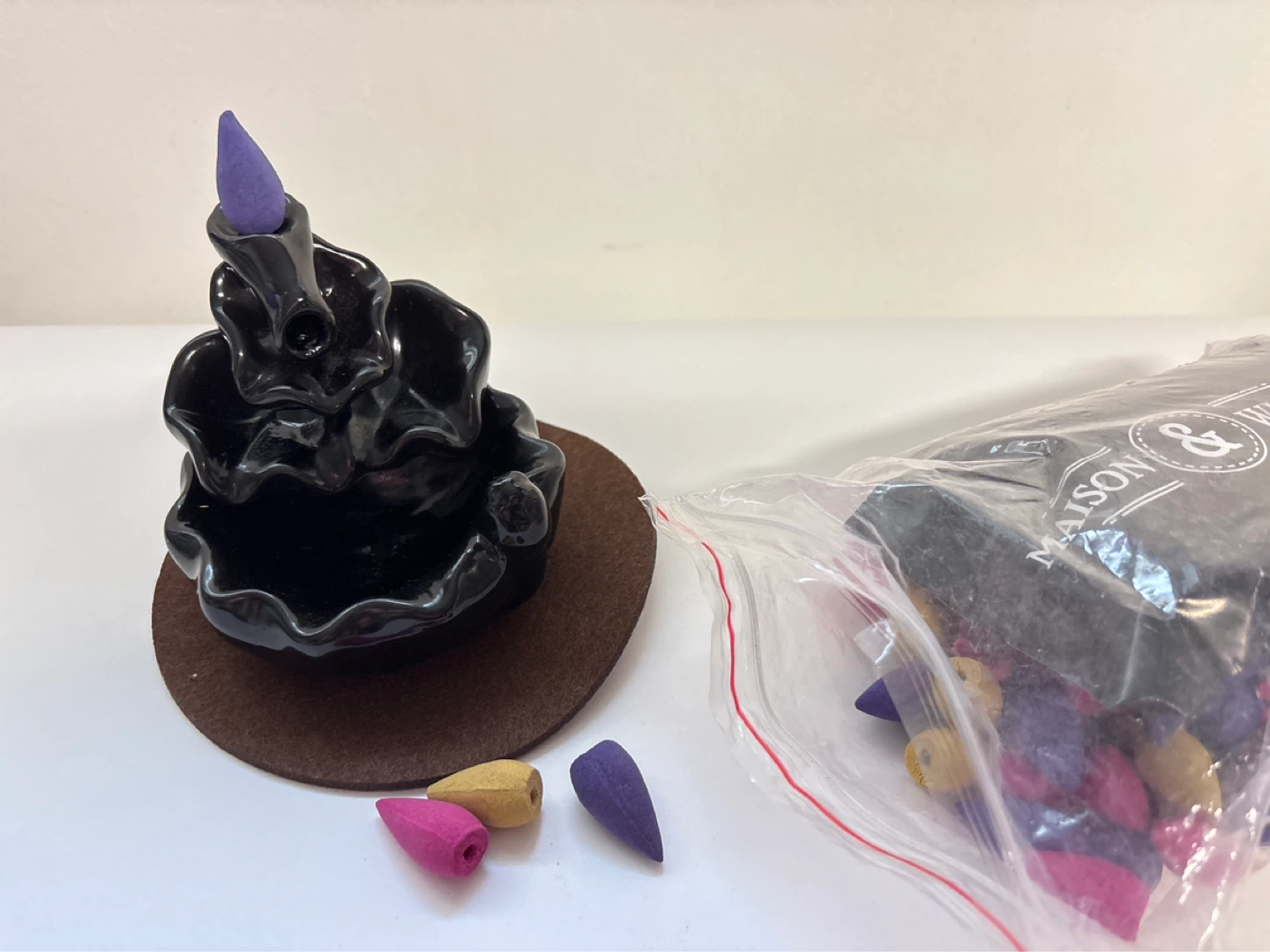 Black Ceramic Waterfall Incense Burner with Assorted Cones