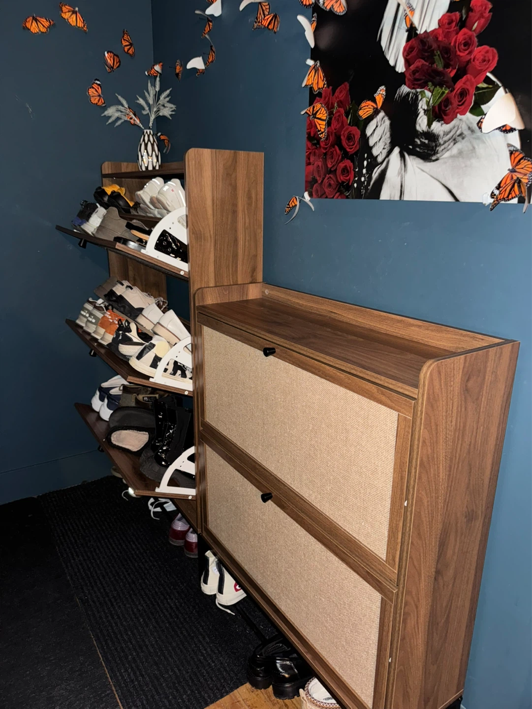 Walnut Shoe Cabinet with 2 Flip Drawers