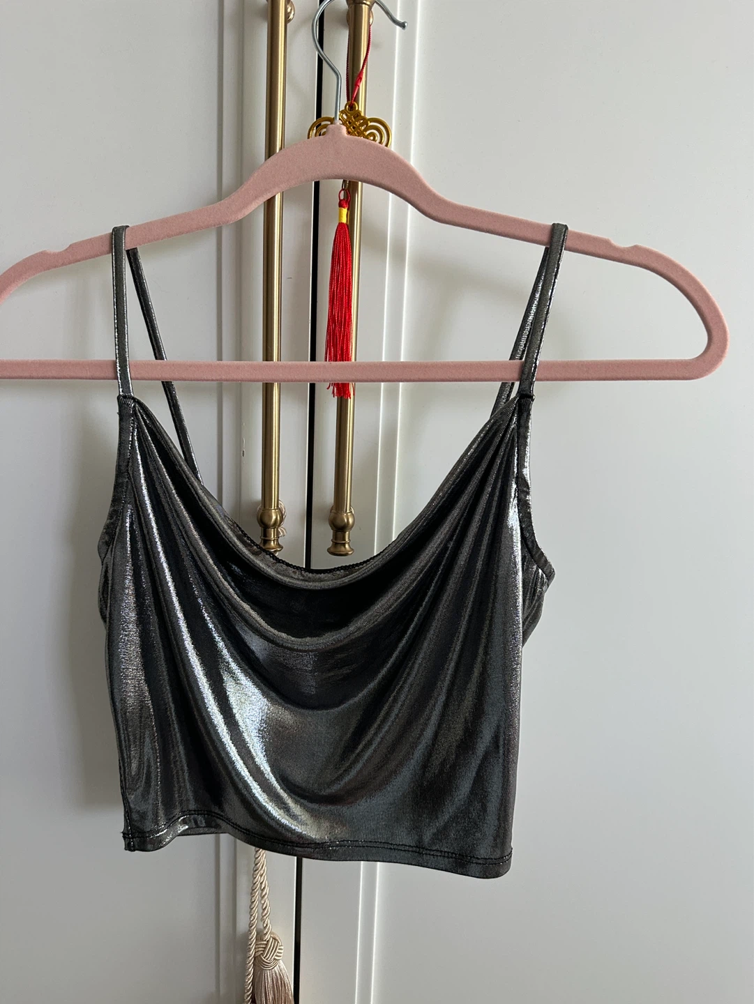 Silver Metallic Cowl Neck Crop Top