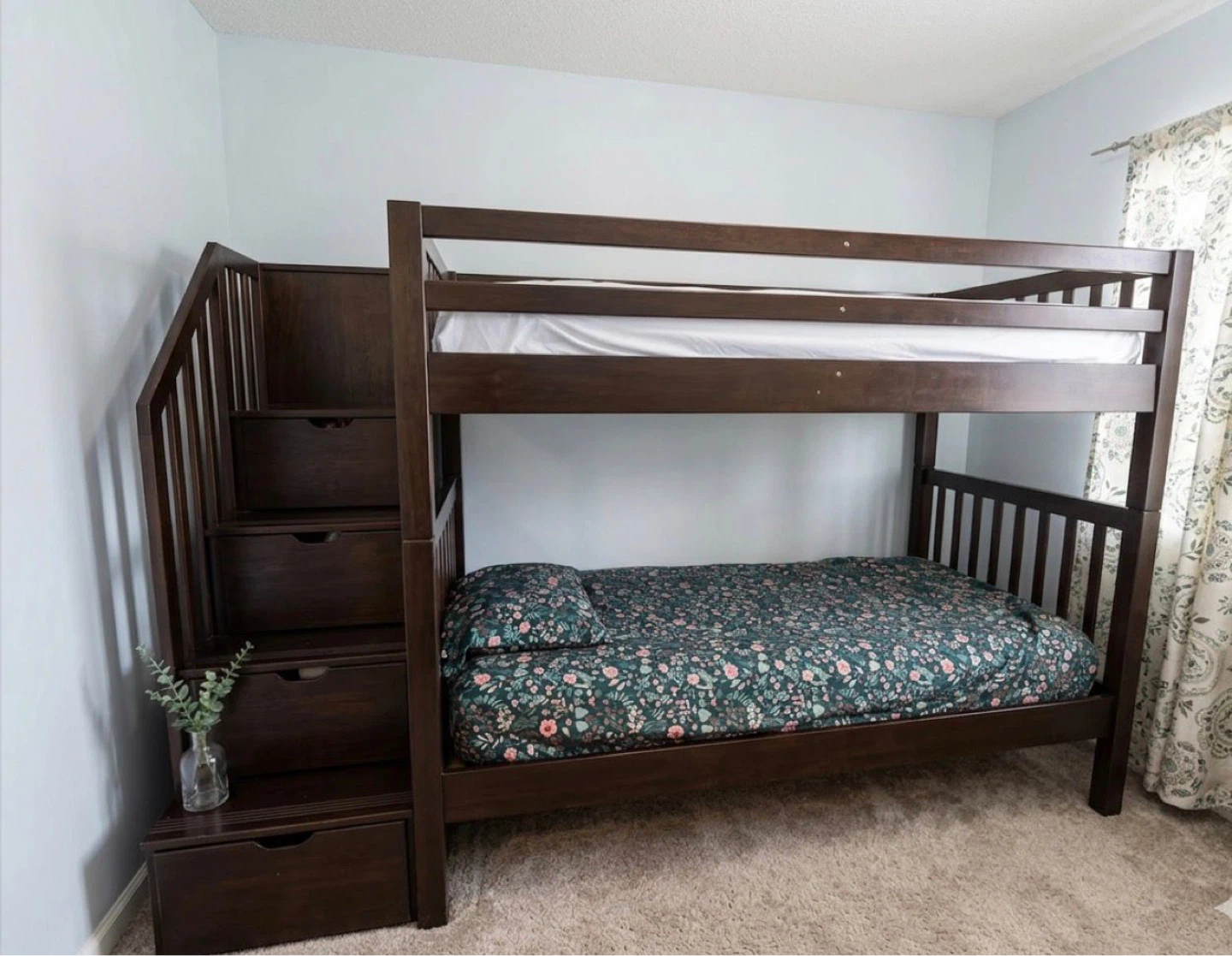 Dark Wood Twin Over Twin Bunk Bed with Stairs and Drawers