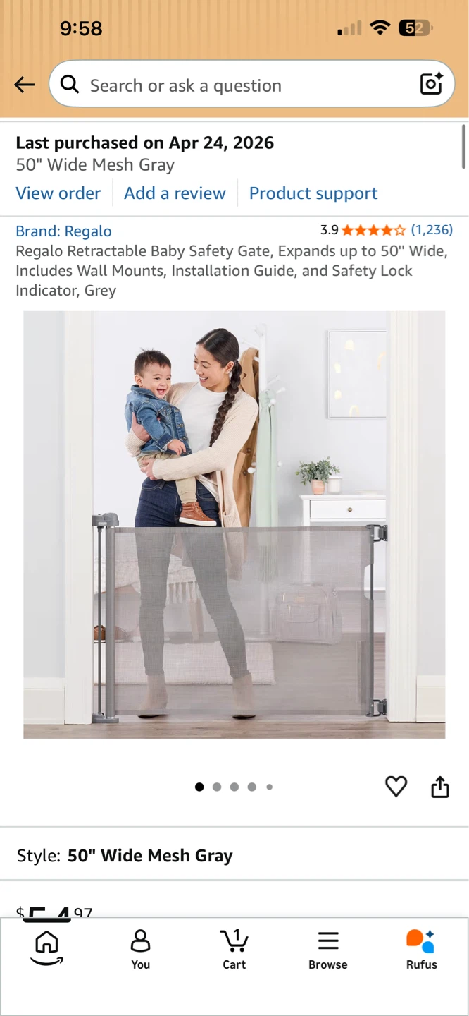 Regalo Retractable Baby Safety Gate 50" Wide Mesh Gray