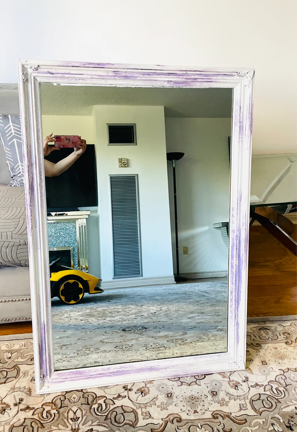 White Mirror with Purple Distressed Frame