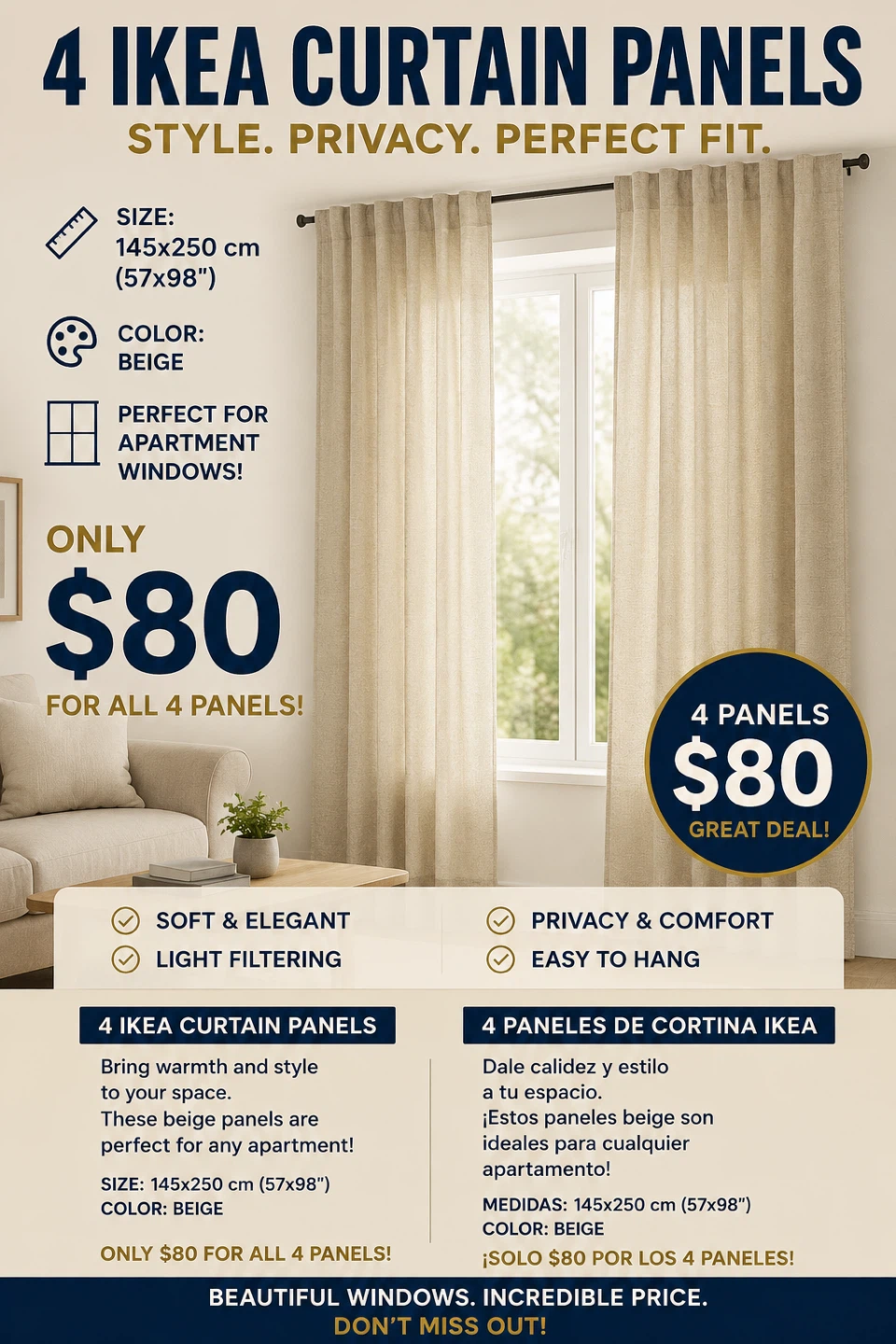 4 IKEA Curtain Panels - Beige 145x250 cm