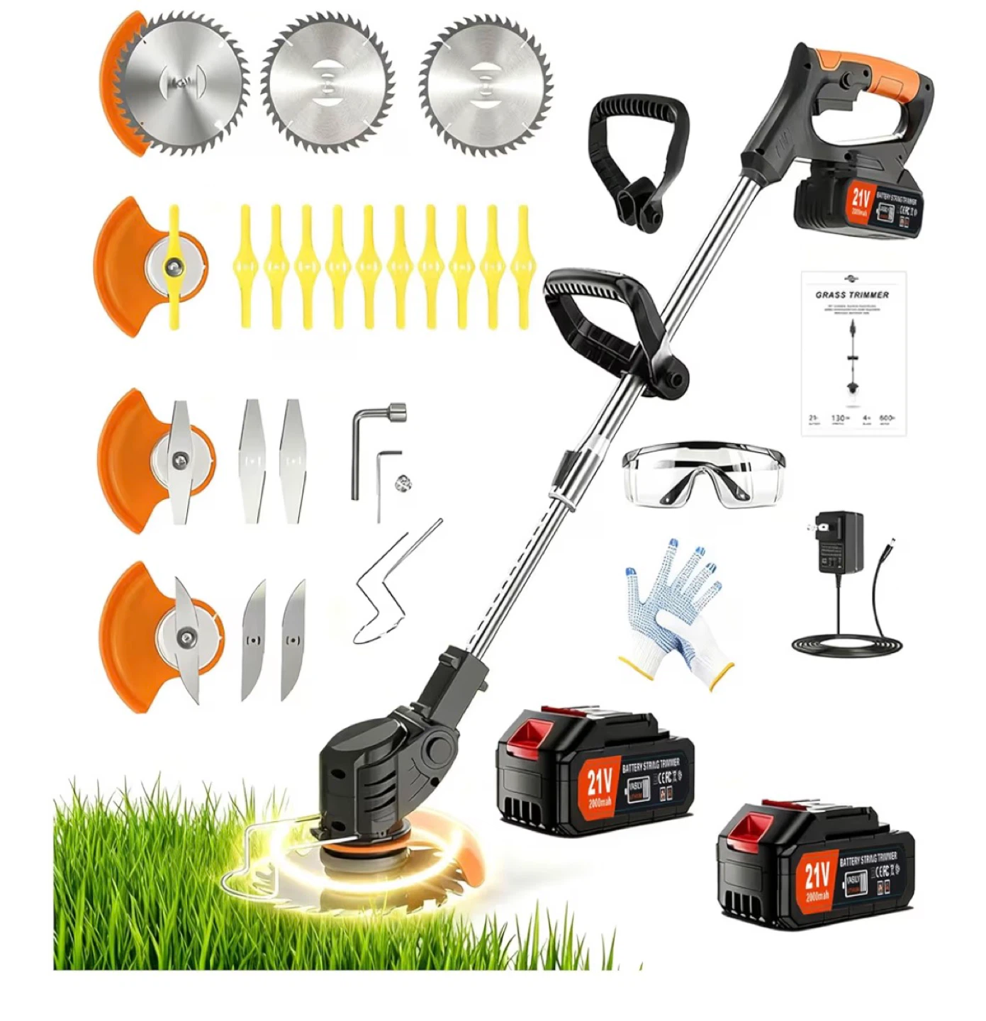 Trimmer Brush Cutter Lawn Edger with 2x 21V 2000mAh Batteries