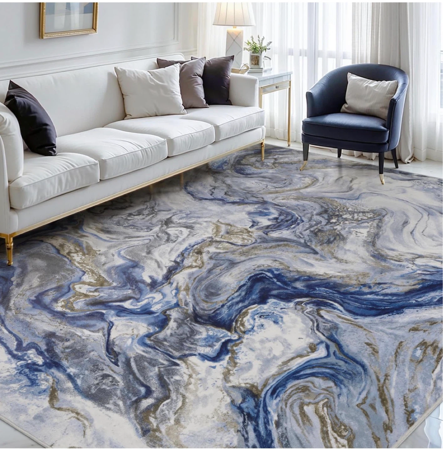 Blue and Gold Marbled Area Rug - photo 2
