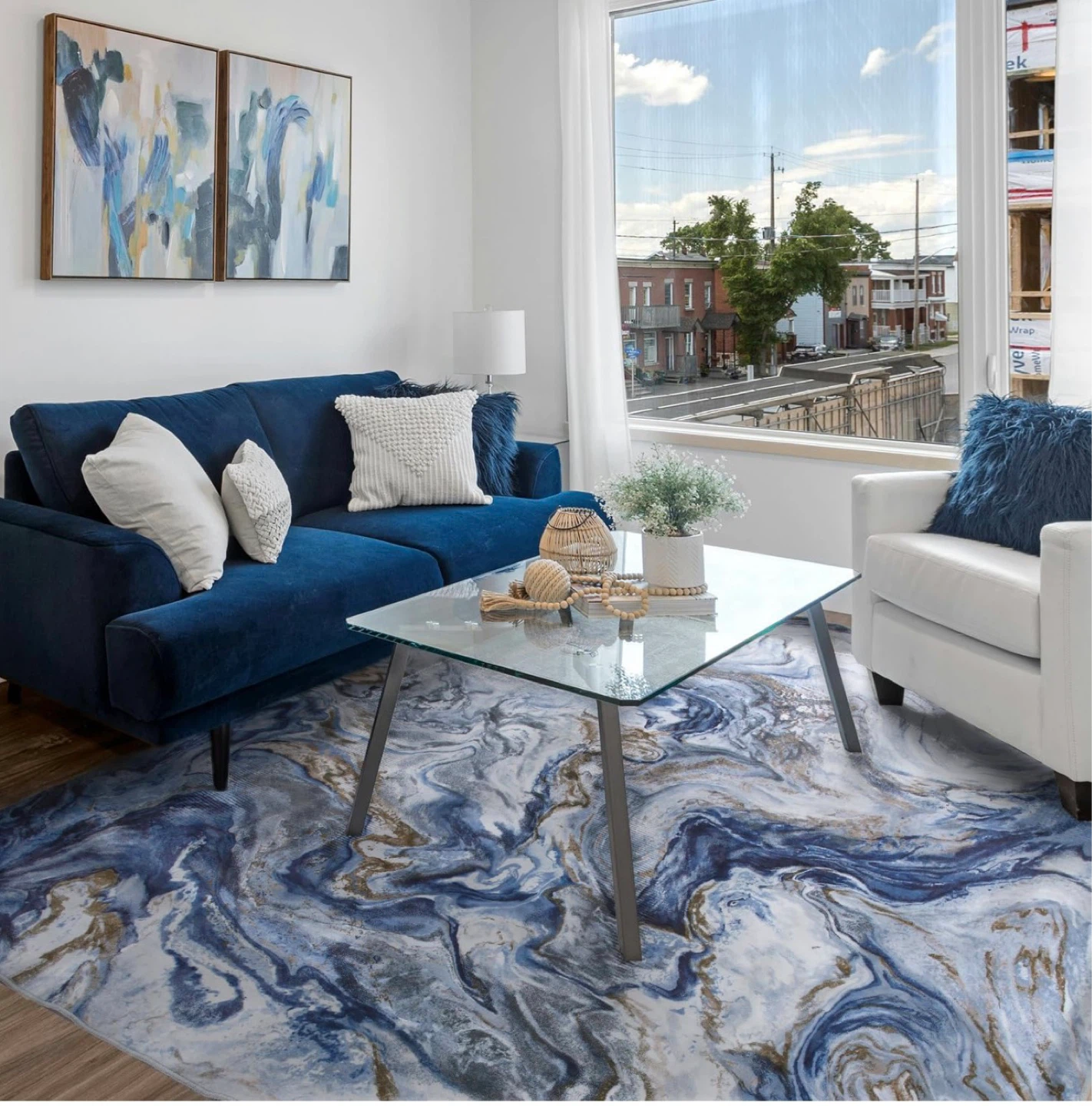 Blue and Gold Marbled Area Rug