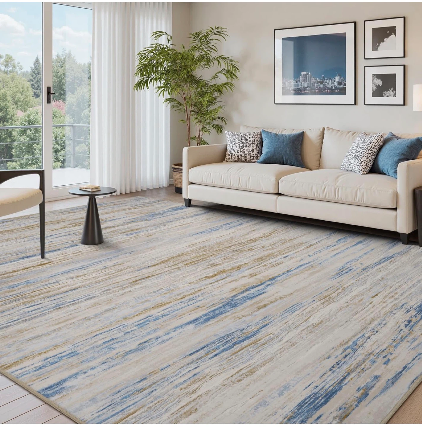 Area Rug - Blue, White, and Gold Abstract Pattern
