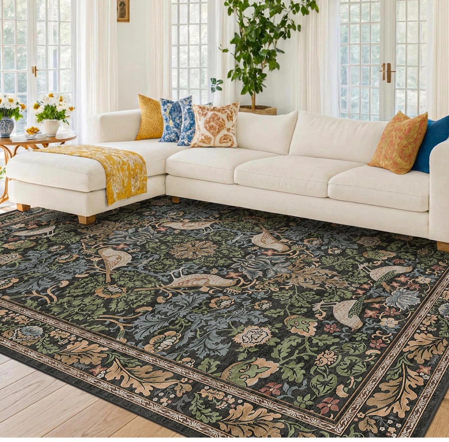 Low Pile Area Rug with Floral and Bird Design