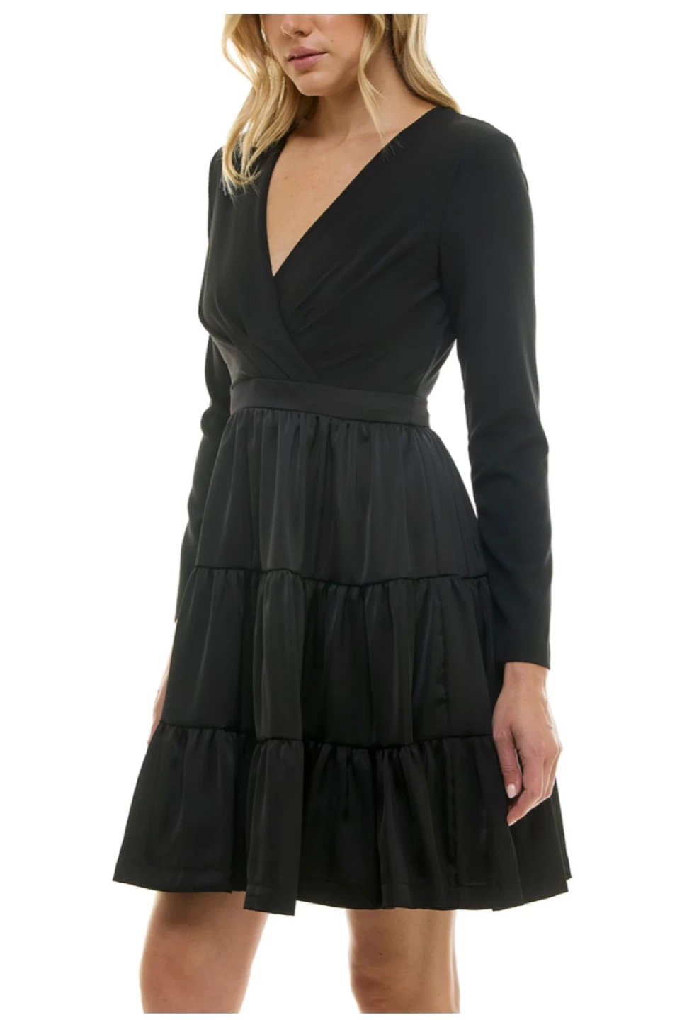 Black Tiered Long Sleeve V-Neck Dress