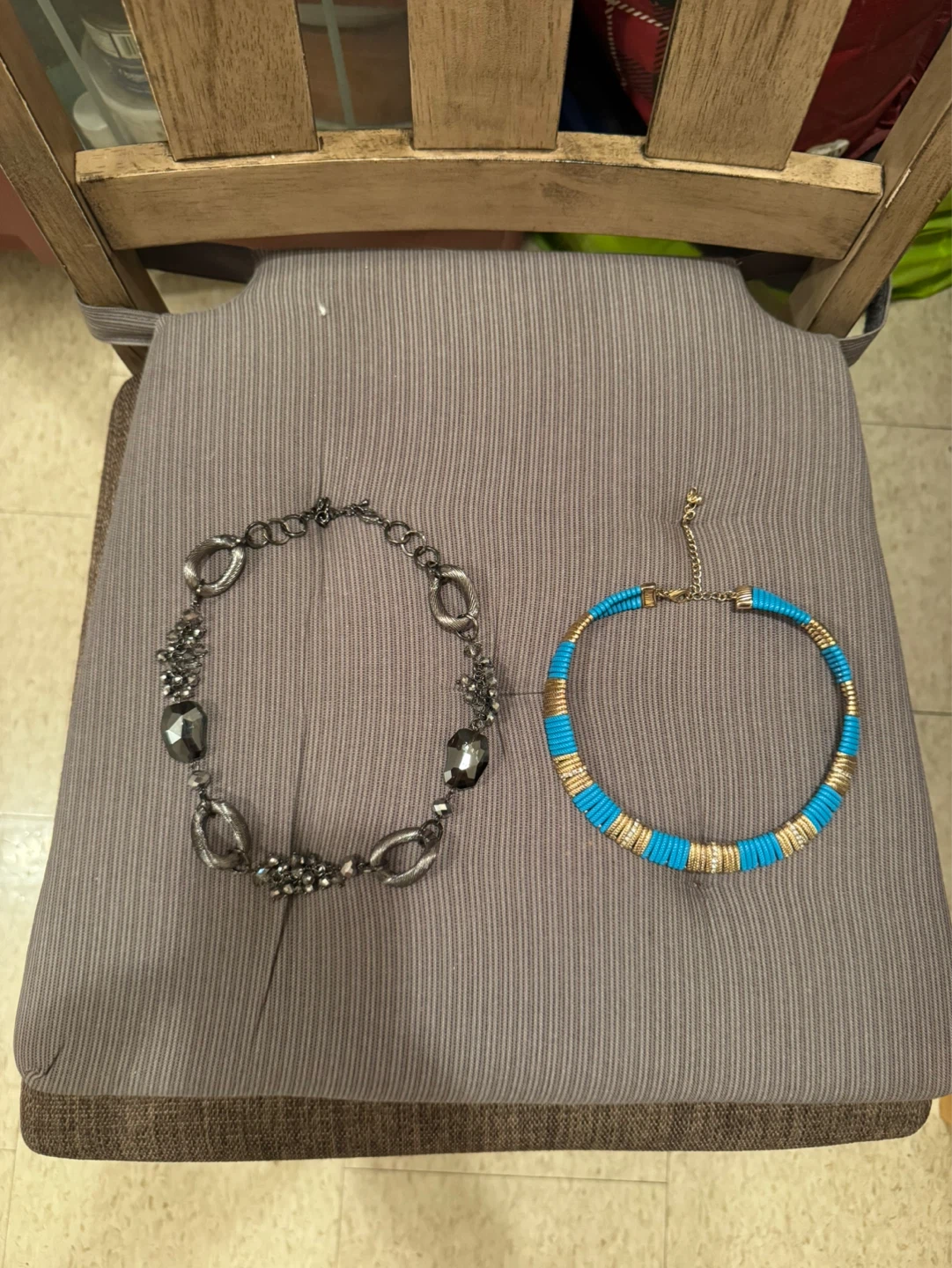 Set of Necklaces, Blue and Gold Choker & Grey Statement Necklace