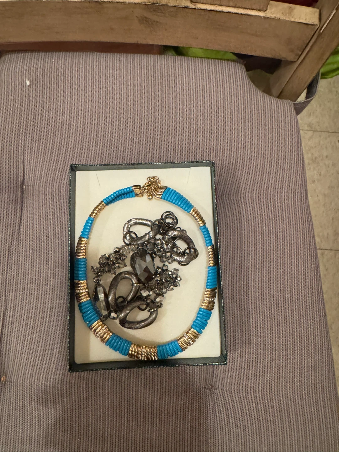 Set of Necklaces, Blue and Gold Choker & Grey Statement Necklace - photo 2