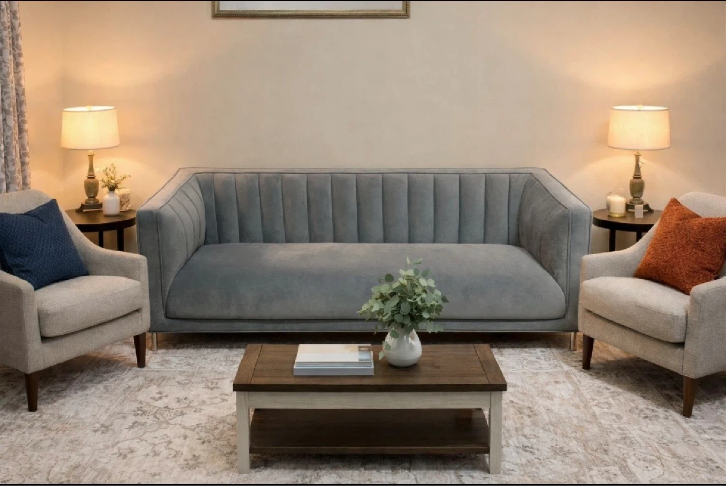 Grey Velvet Fluted Sofa -Brand New - photo 5