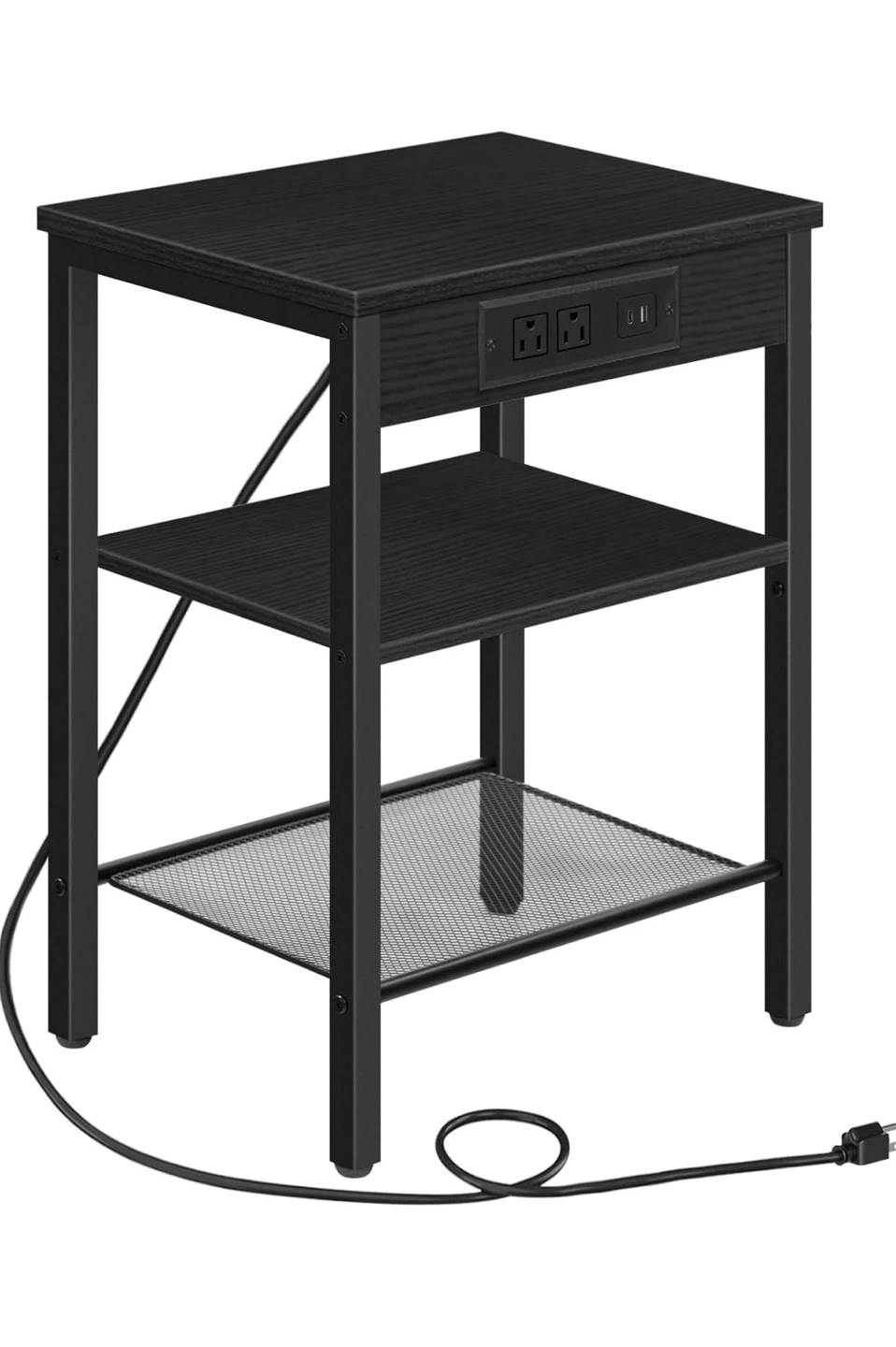 Black 3-Tier End Table with Built-in Outlet & USB Ports