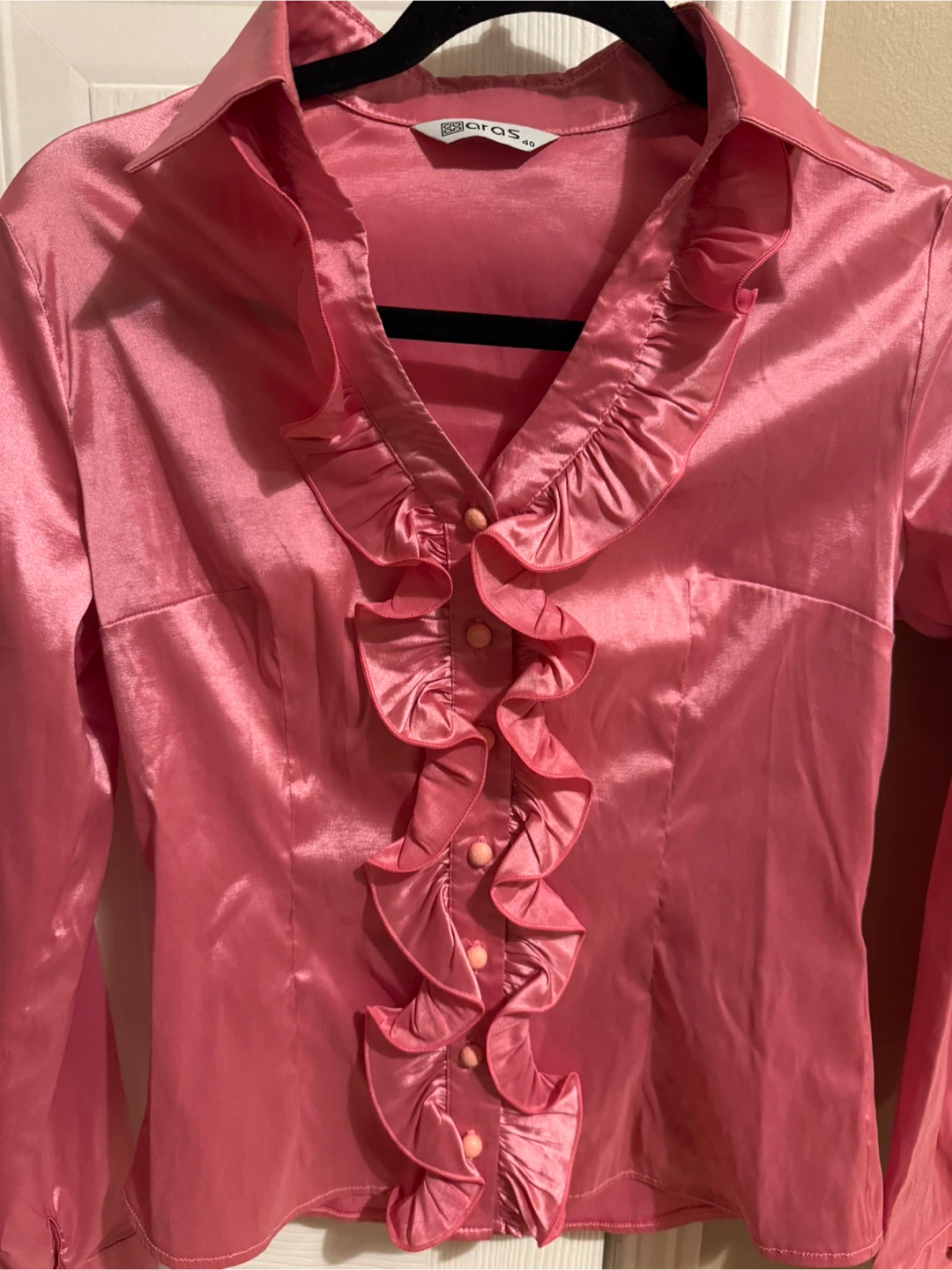Aras Pink Satin Ruffle Blouse
