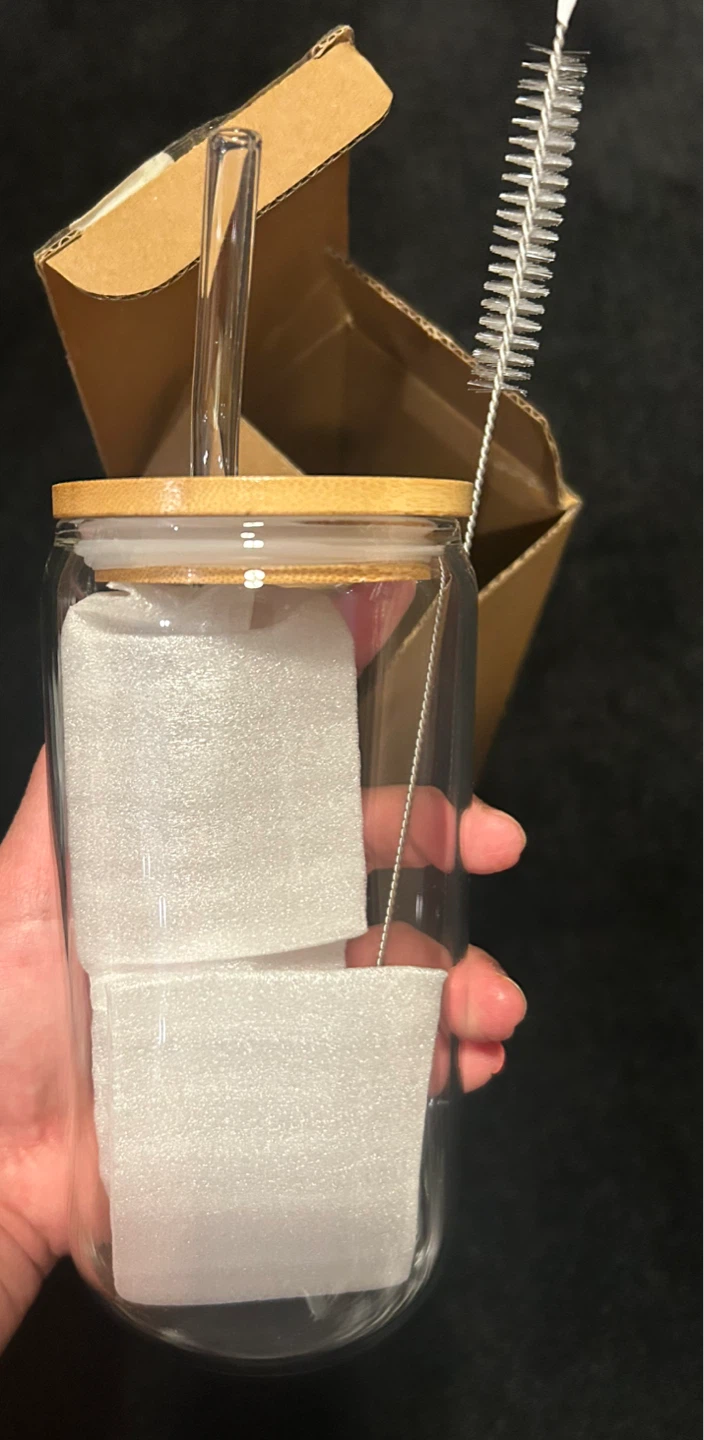 Glass Can Tumbler with Bamboo Lid, Straw & Brush