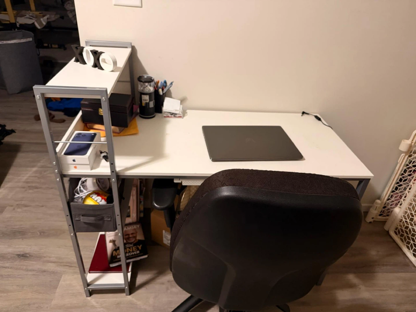 White Computer Desk with Shelving Unit