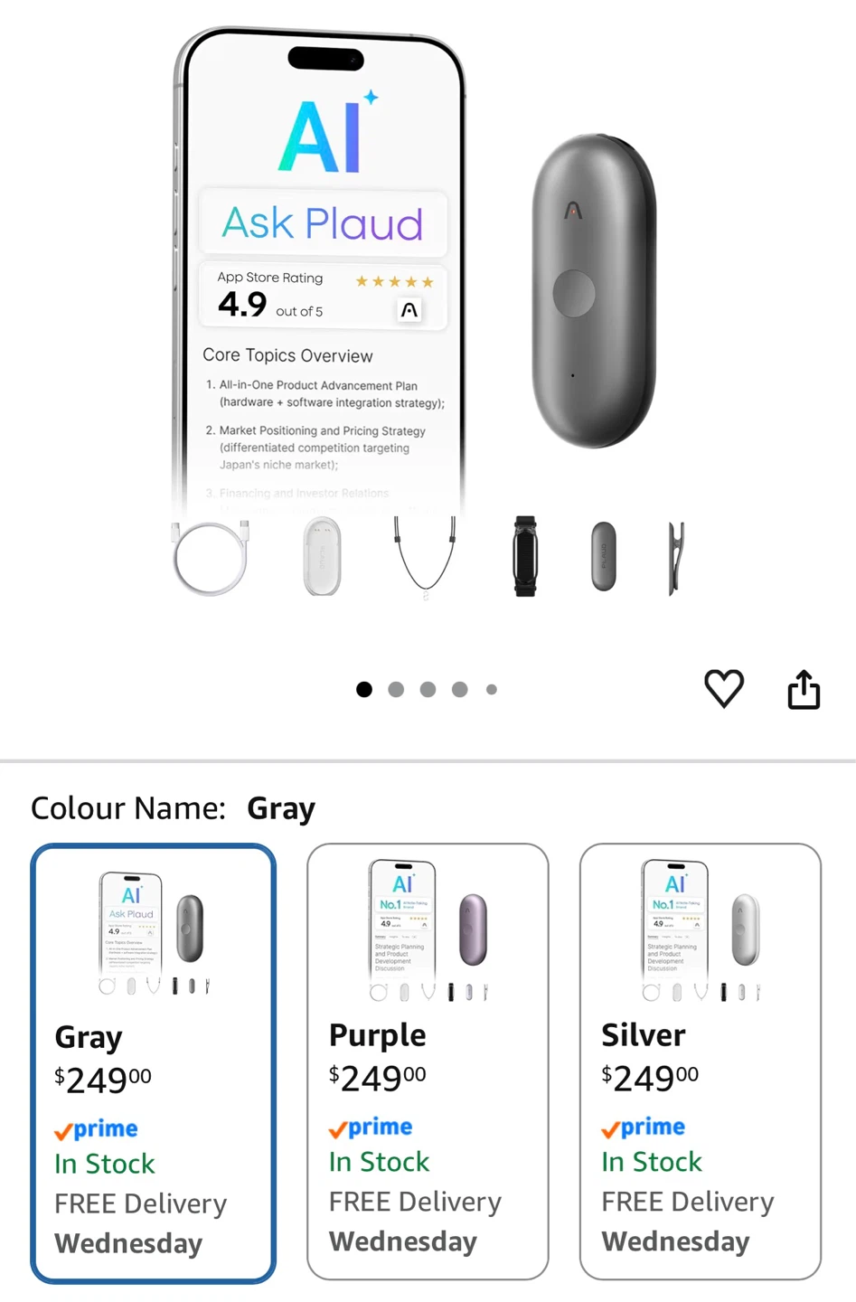 PLAUS NotePin Wearable AI Memory Capsule - Gray
