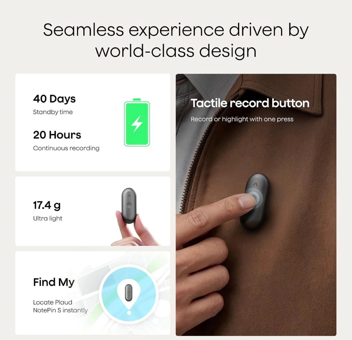 PLAUS NotePin Wearable AI Memory Capsule - Gray - photo 4