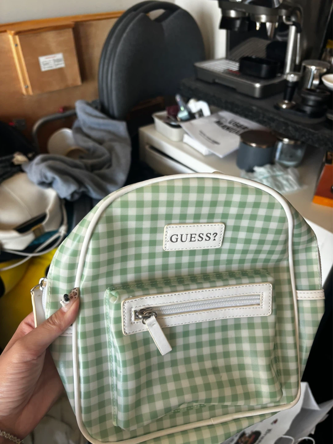 Cute GUESS Mint Green Gingham/Plaid Mini Backpack