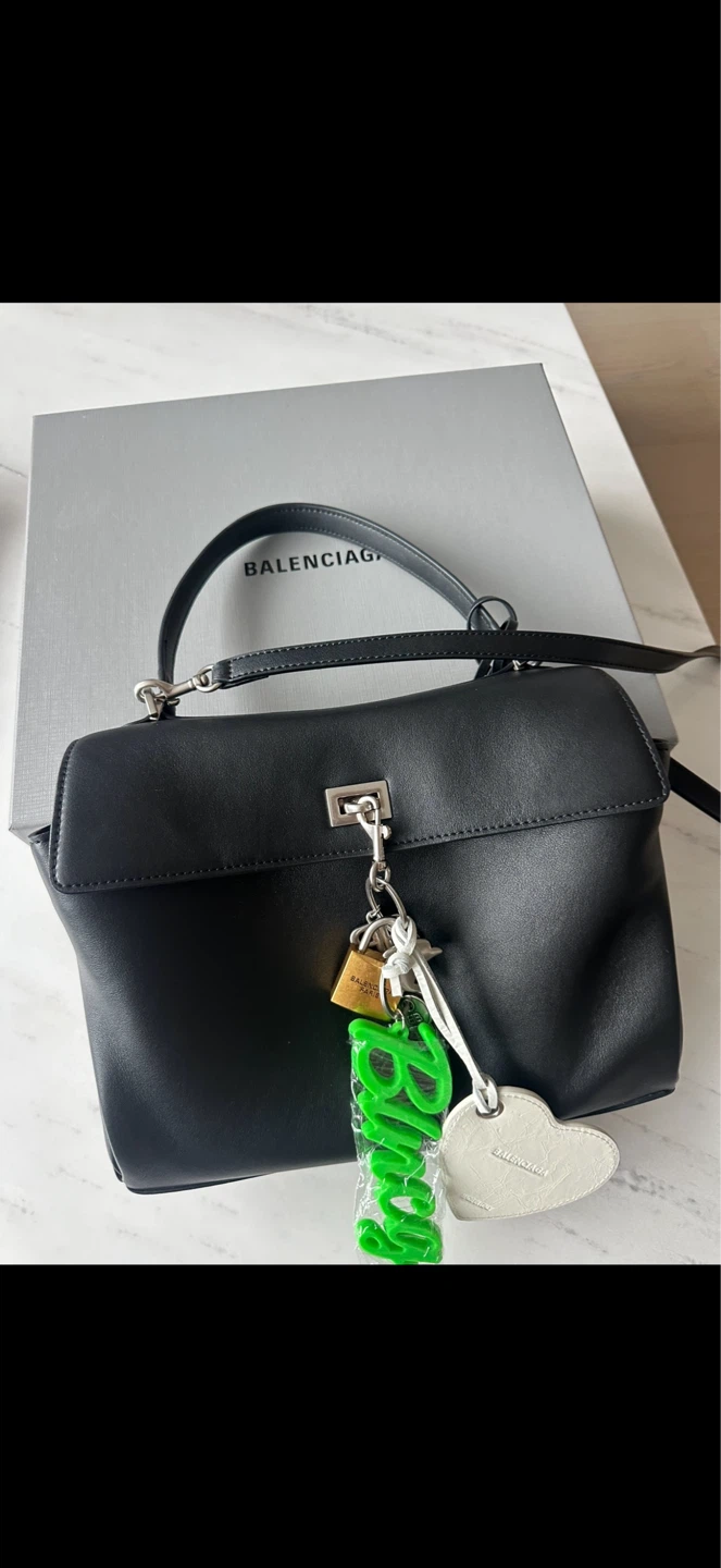 Black Leather Top Handle Bag with Charms