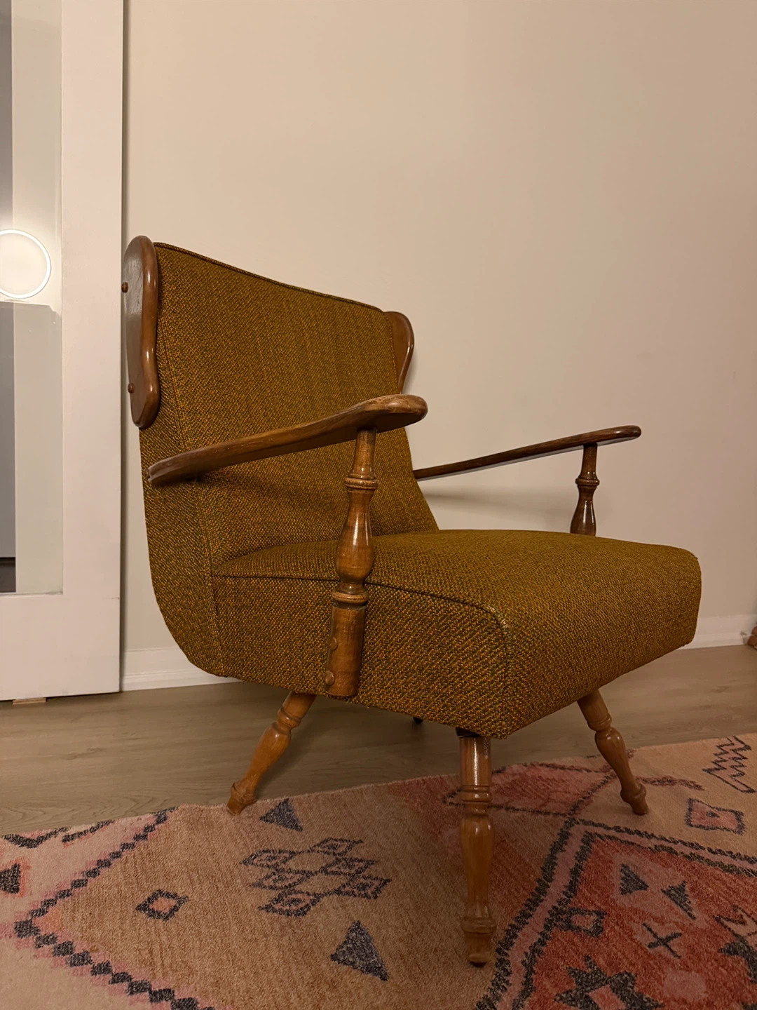 Vintage Accent Chair - Mustard Yellow Tweed Fabric - photo 2