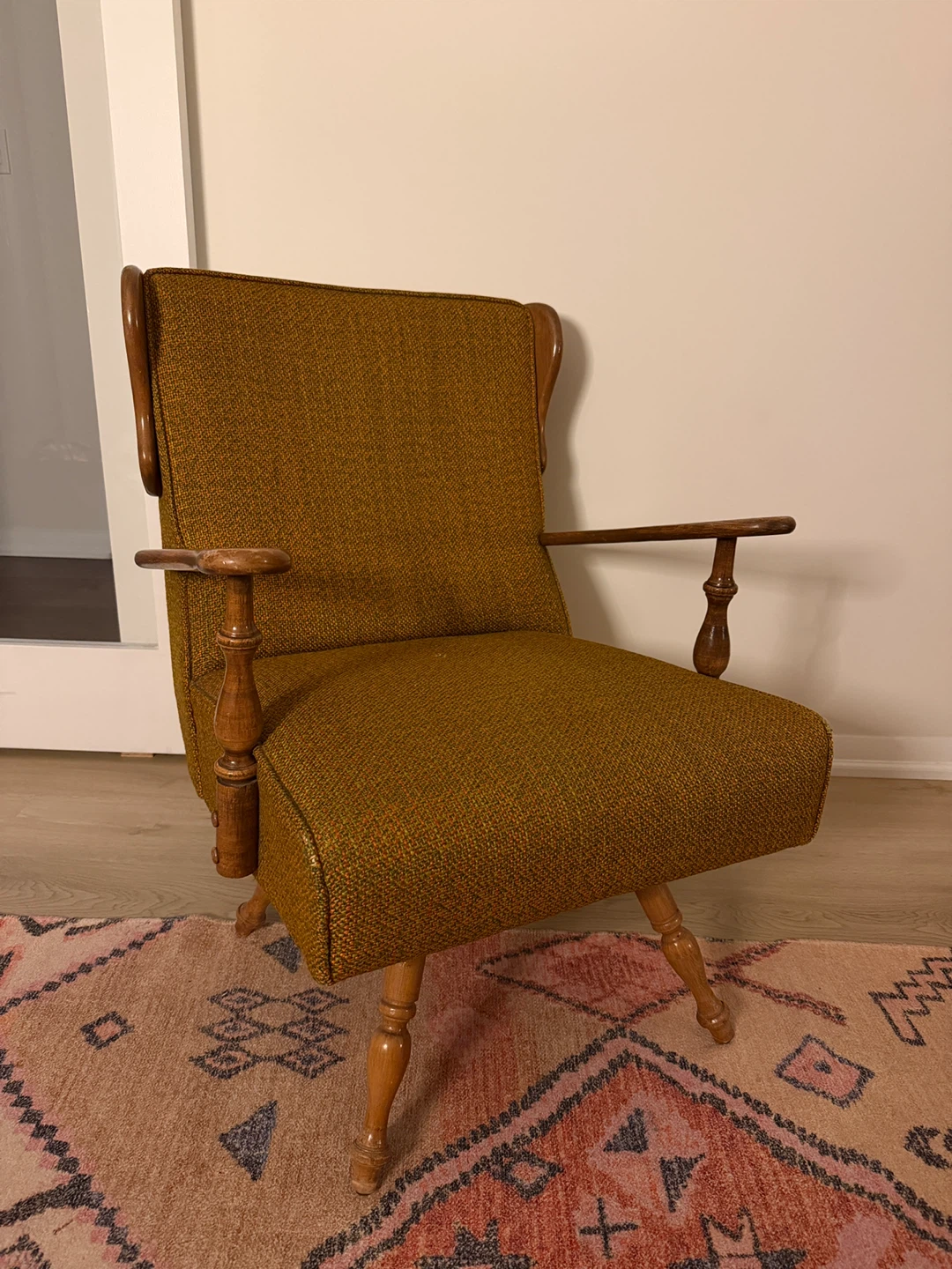 Vintage Accent Chair - Mustard Yellow Tweed Fabric