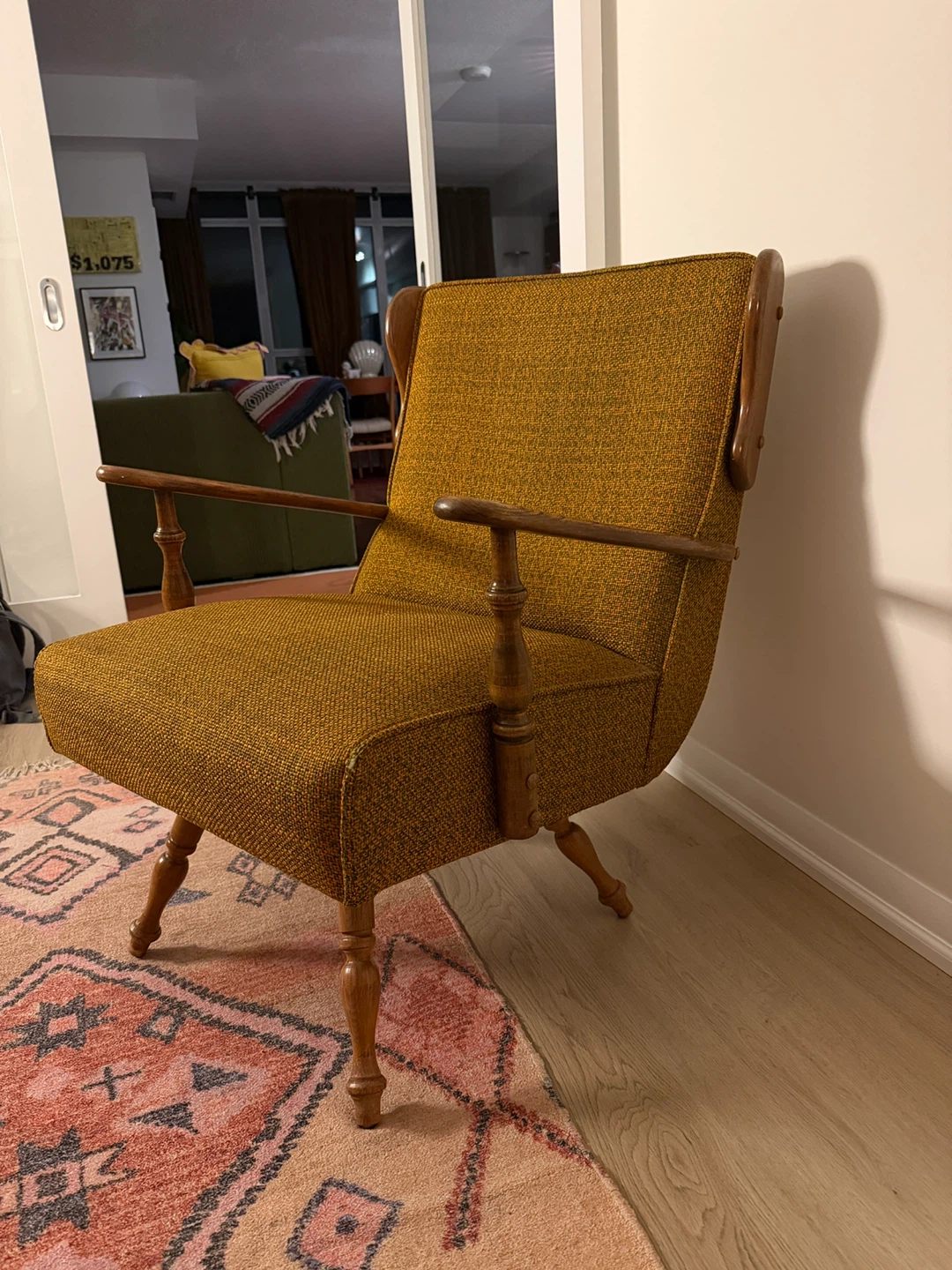 Vintage Accent Chair - Mustard Yellow Tweed Fabric - photo 3