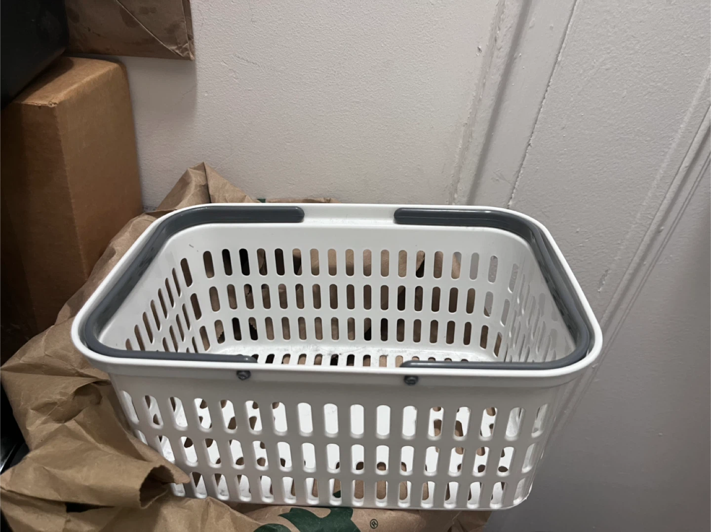 White Laundry Basket with Gray Handles