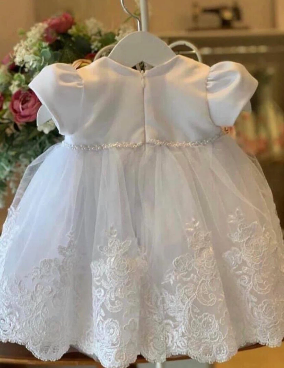 White Baby Dress with Lace and Pearls - photo 4