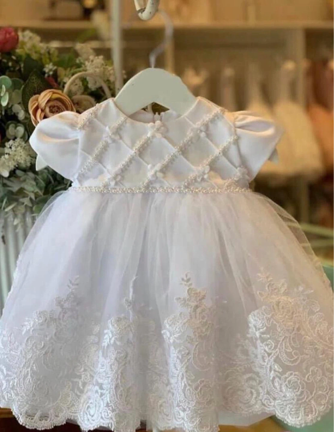White Baby Dress with Lace and Pearls