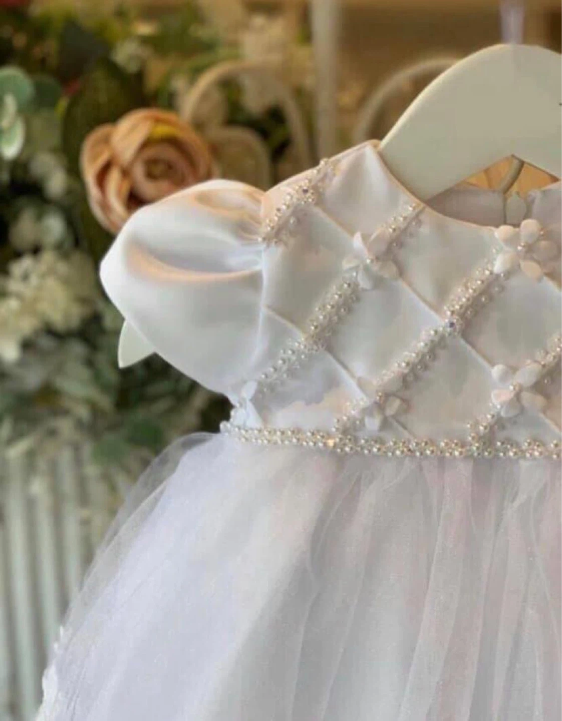 White Baby Dress with Lace and Pearls - photo 2