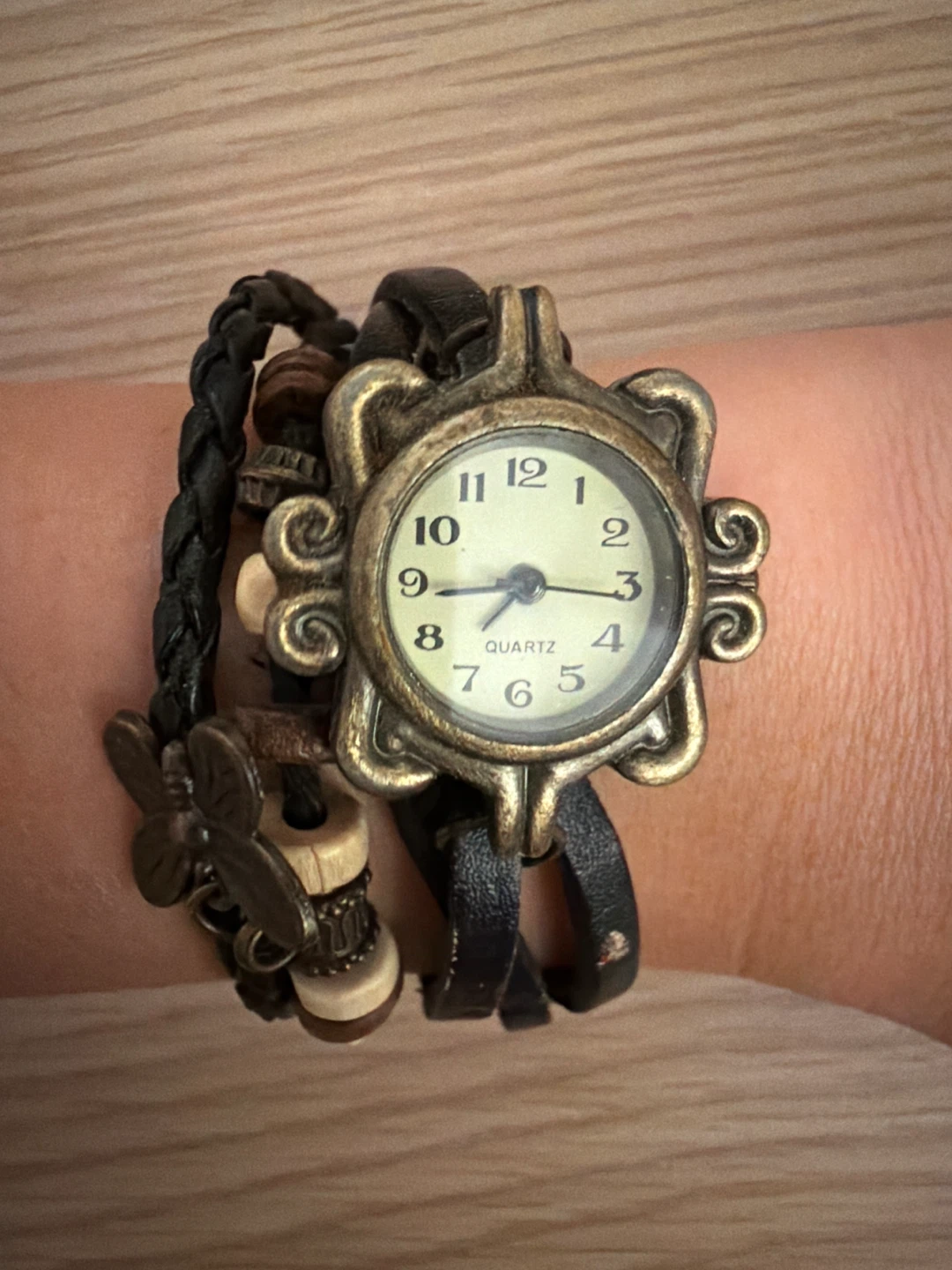 Boho Leather Wrap Watch with Butterfly Charm