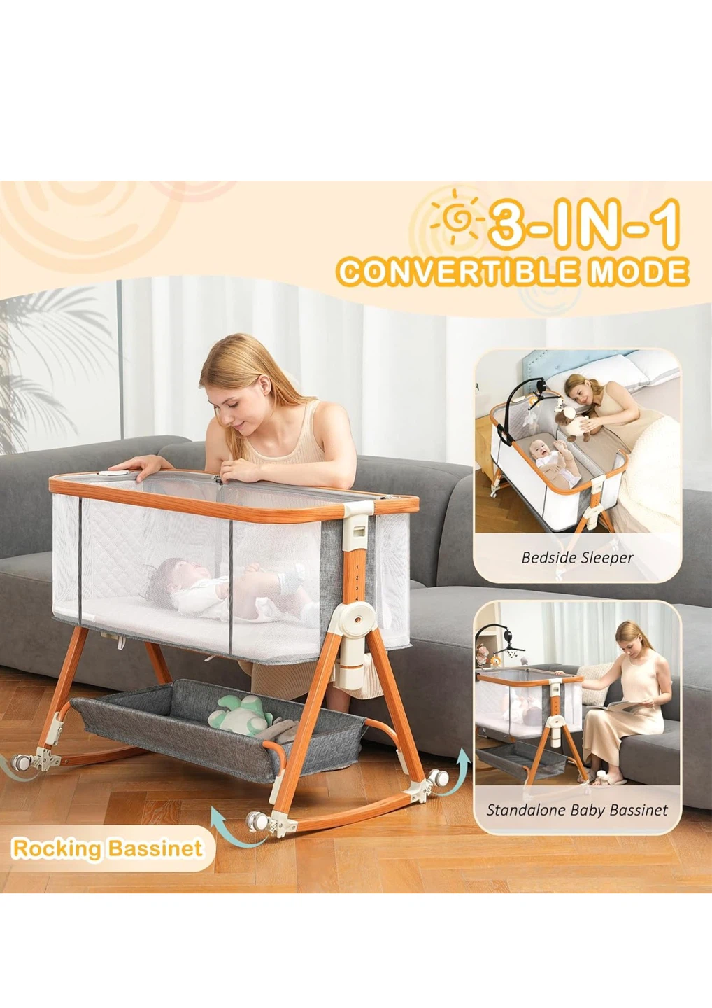 3-in-1 Convertible Baby Bassinet with Wheels - photo 4