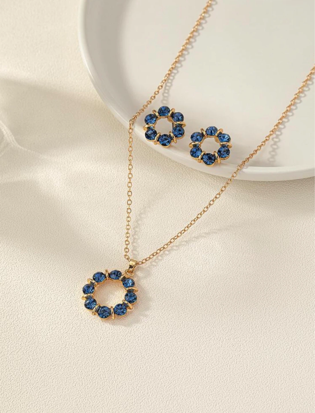 Gold Tone Necklace and Earrings Set with Blue Stones
