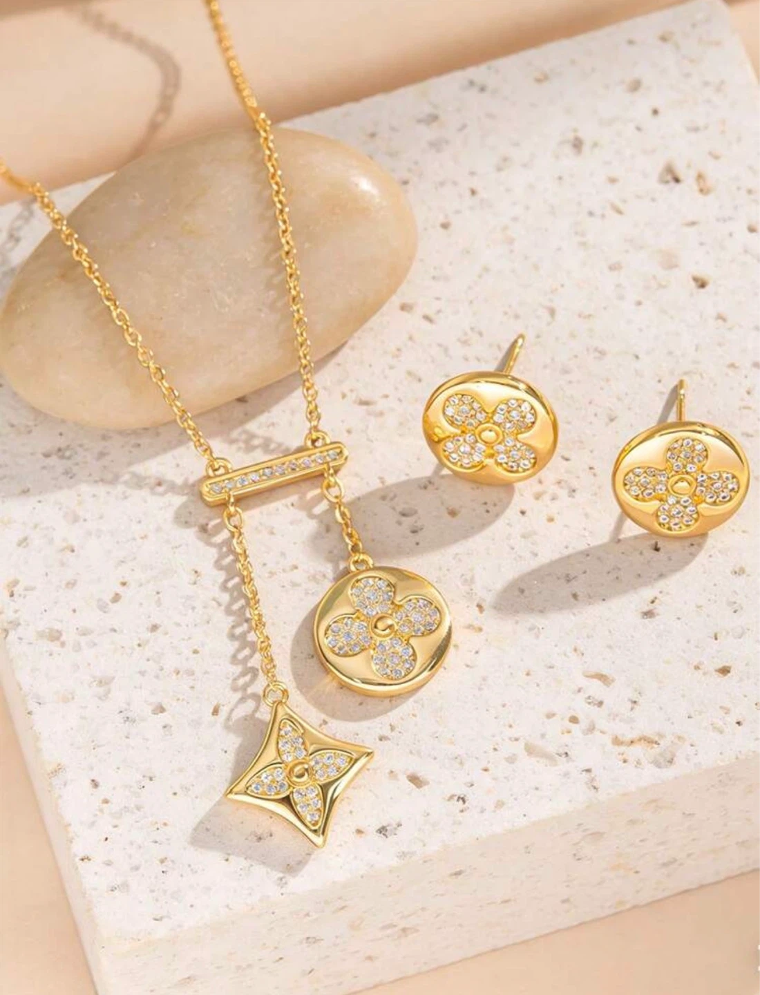 Gold Necklace and Earrings Set with Rhinestones