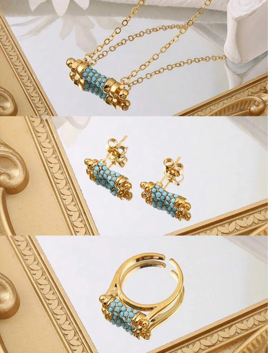Gold Tone Turquoise Bead Necklace, Earrings, and Ring Set - photo 3