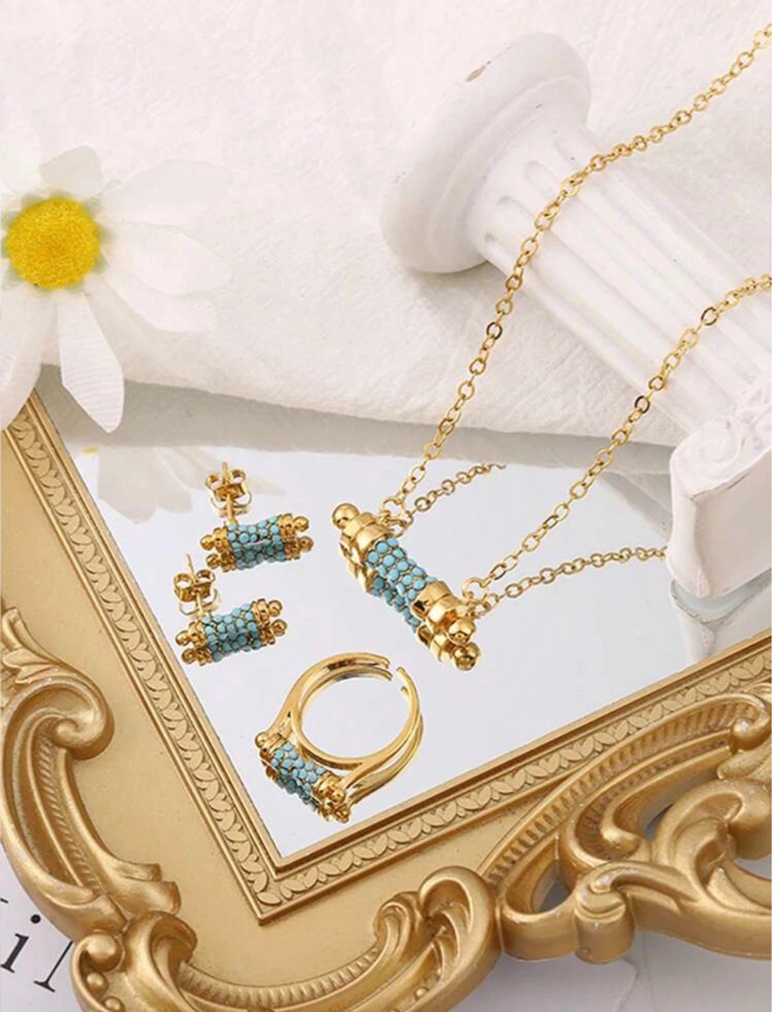 Gold Tone Turquoise Bead Necklace, Earrings, and Ring Set