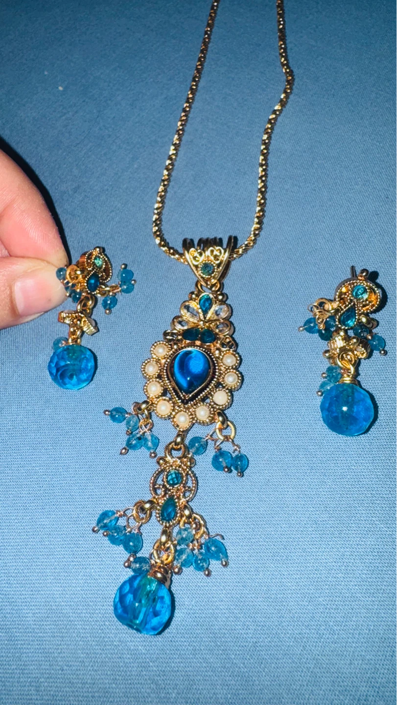 Gold-tone Blue Beaded Necklace and Earring Set