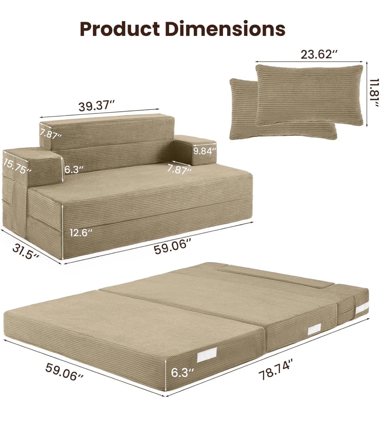 3-in-1 Foldable Sofa Bed with Pillows - photo 2