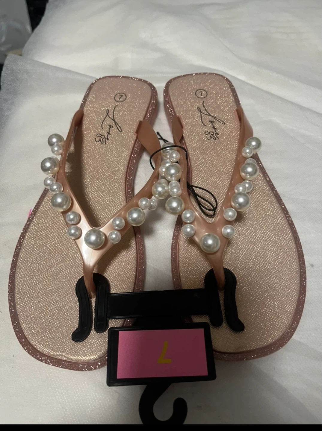 Rose Gold Pearl Embellished Flip Flops - Size 7 - photo 2