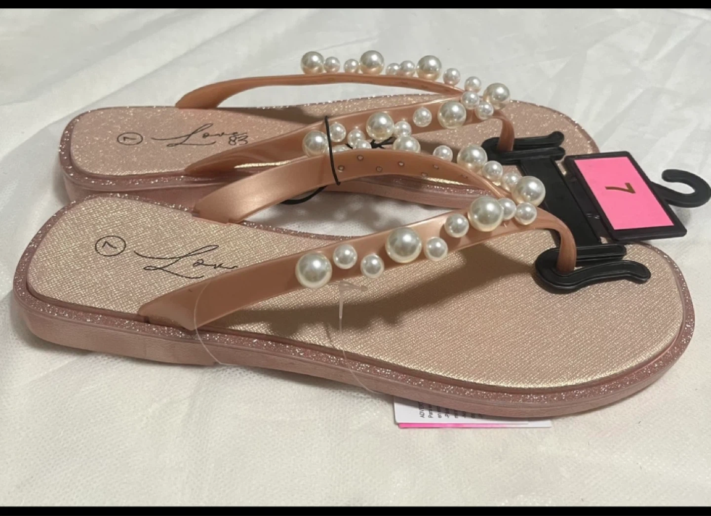 Rose Gold Pearl Embellished Flip Flops - Size 7 - photo 3