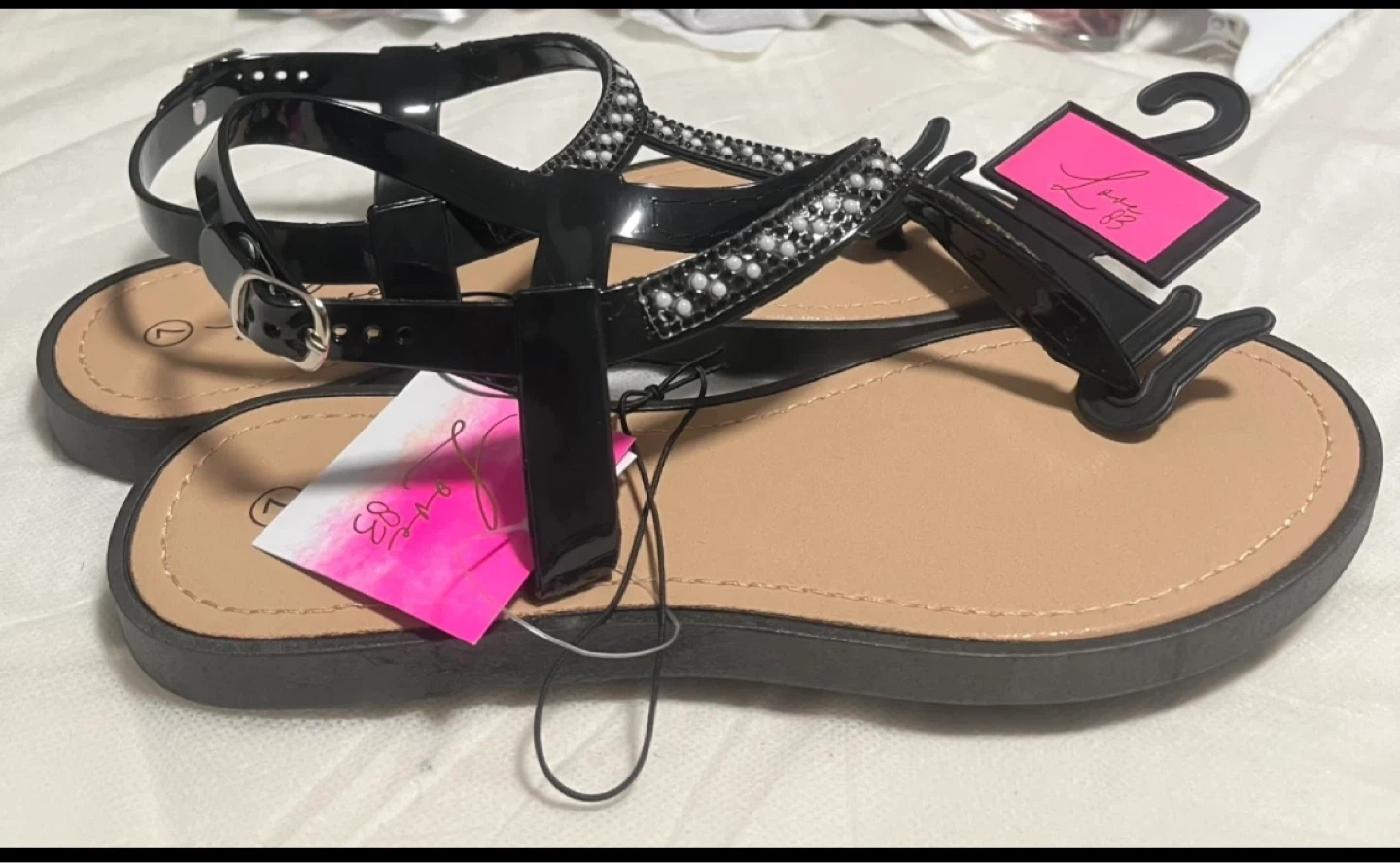 Love 33 Black Embellished Flat Sandals Size 7 - photo 2