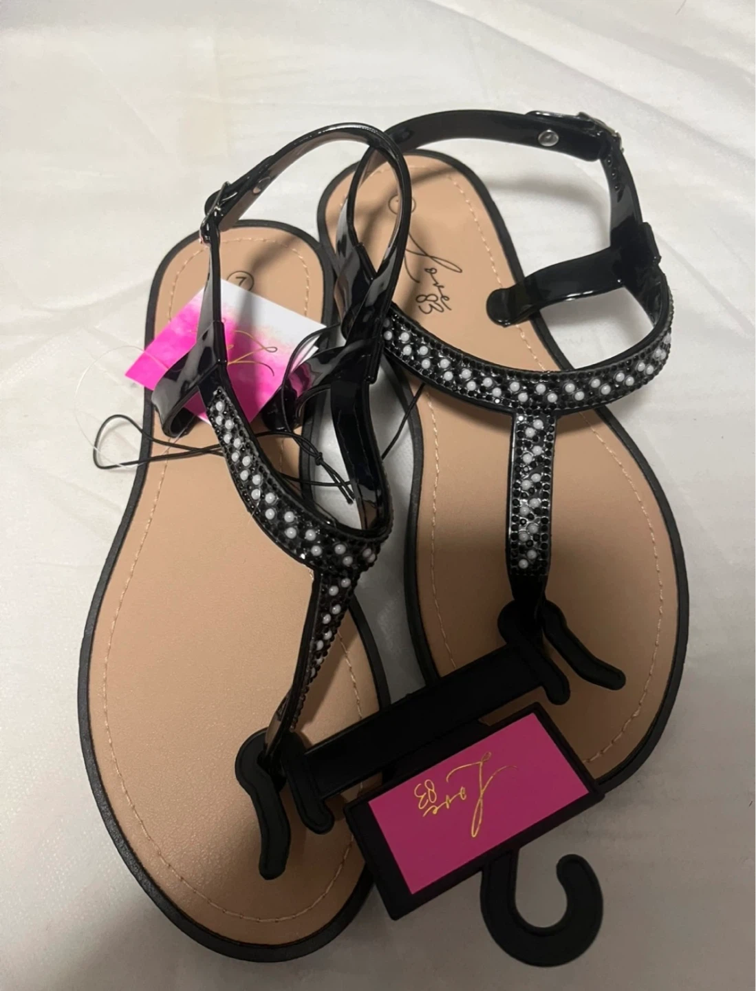 Love 33 Black Embellished Flat Sandals Size 7 - photo 3