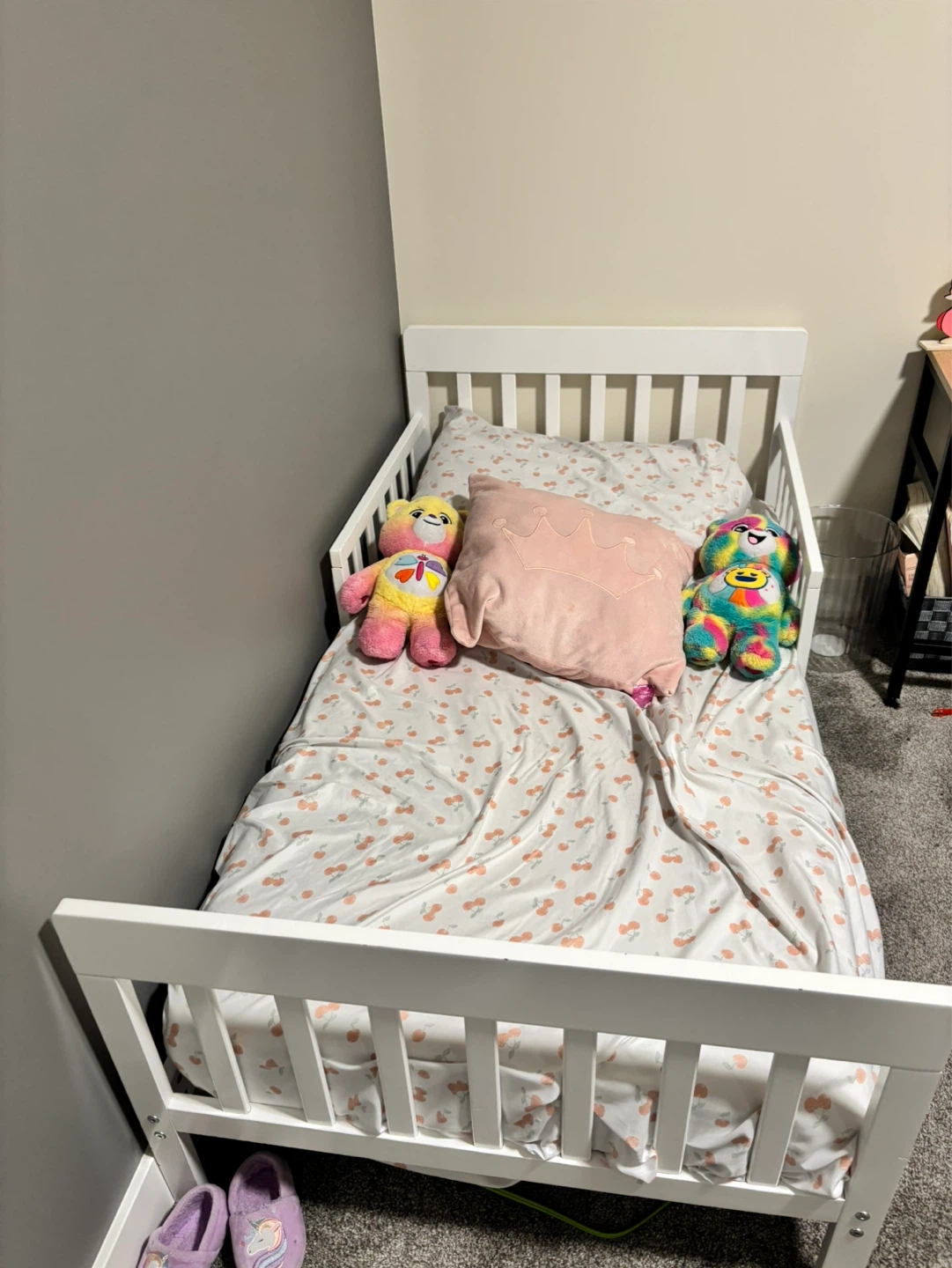 Wooden Top Side Table and Toddler bed with mattress