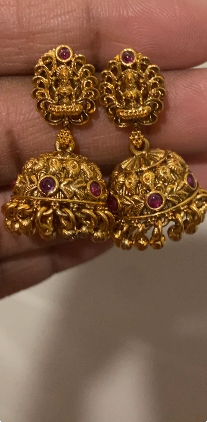 Gold Jhumka Earrings with Red Stones