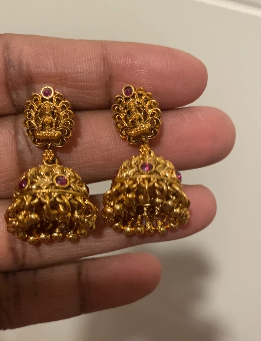Gold Jhumka Earrings with Red Stones - photo 4