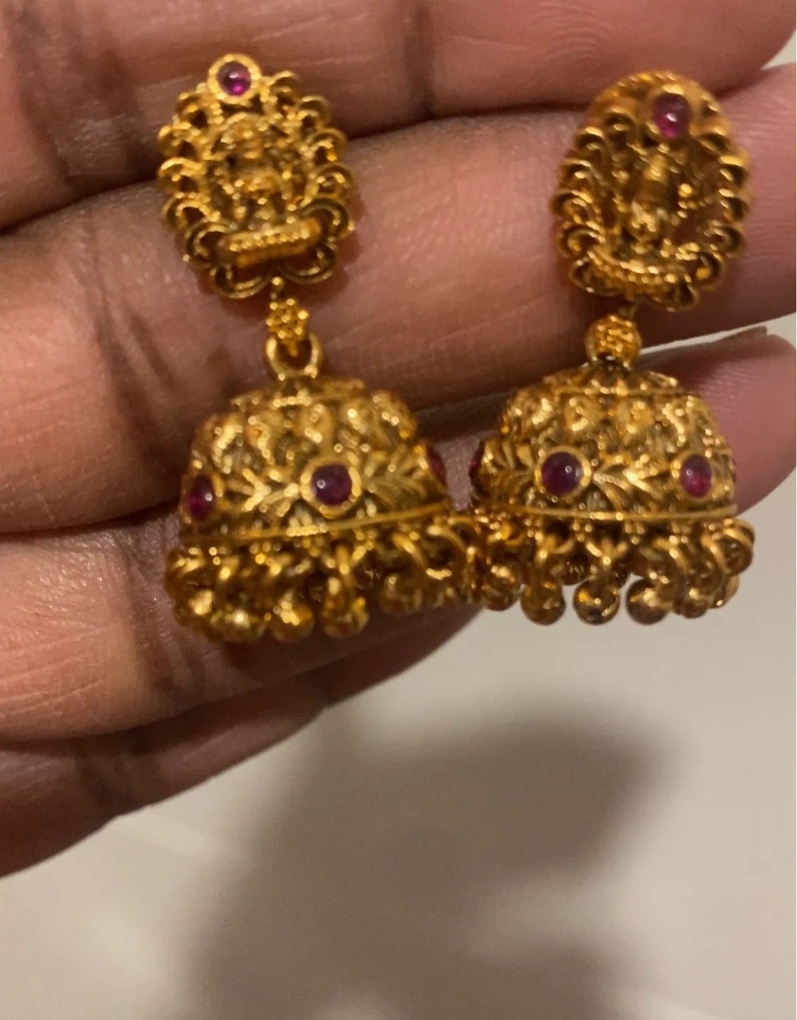 Gold Jhumka Earrings with Red Stones - photo 3